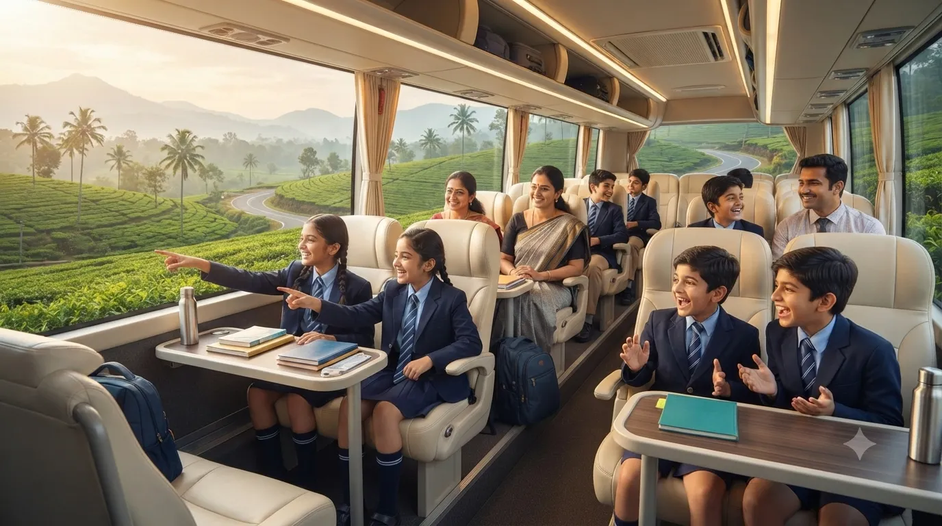 A group of travellers gathered beside a JourneyX tourist coach.